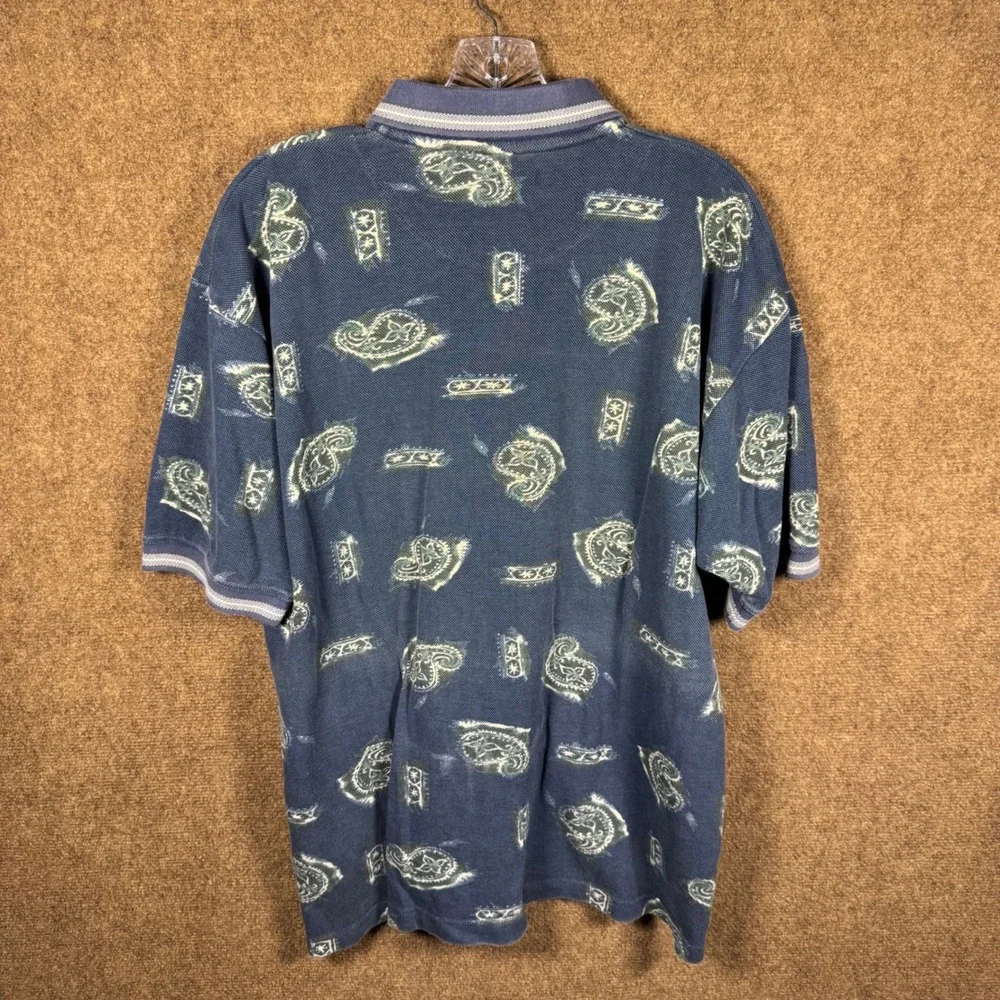 Vintage Jantzen Polo Shirt Mens Medium Blue Paisley All Over Print Short Sleeve